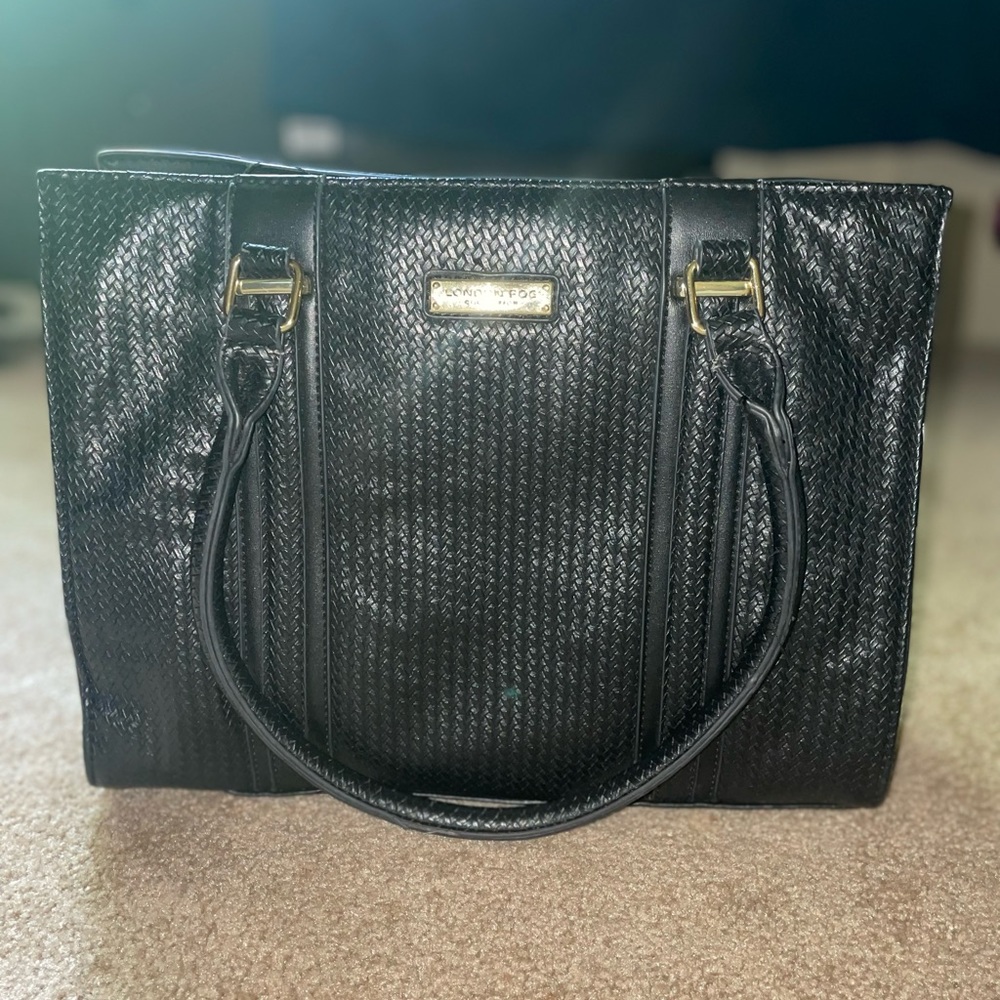 London Fog Collection Handbag Faux Leather Gala Textured Satchel Black Luxury